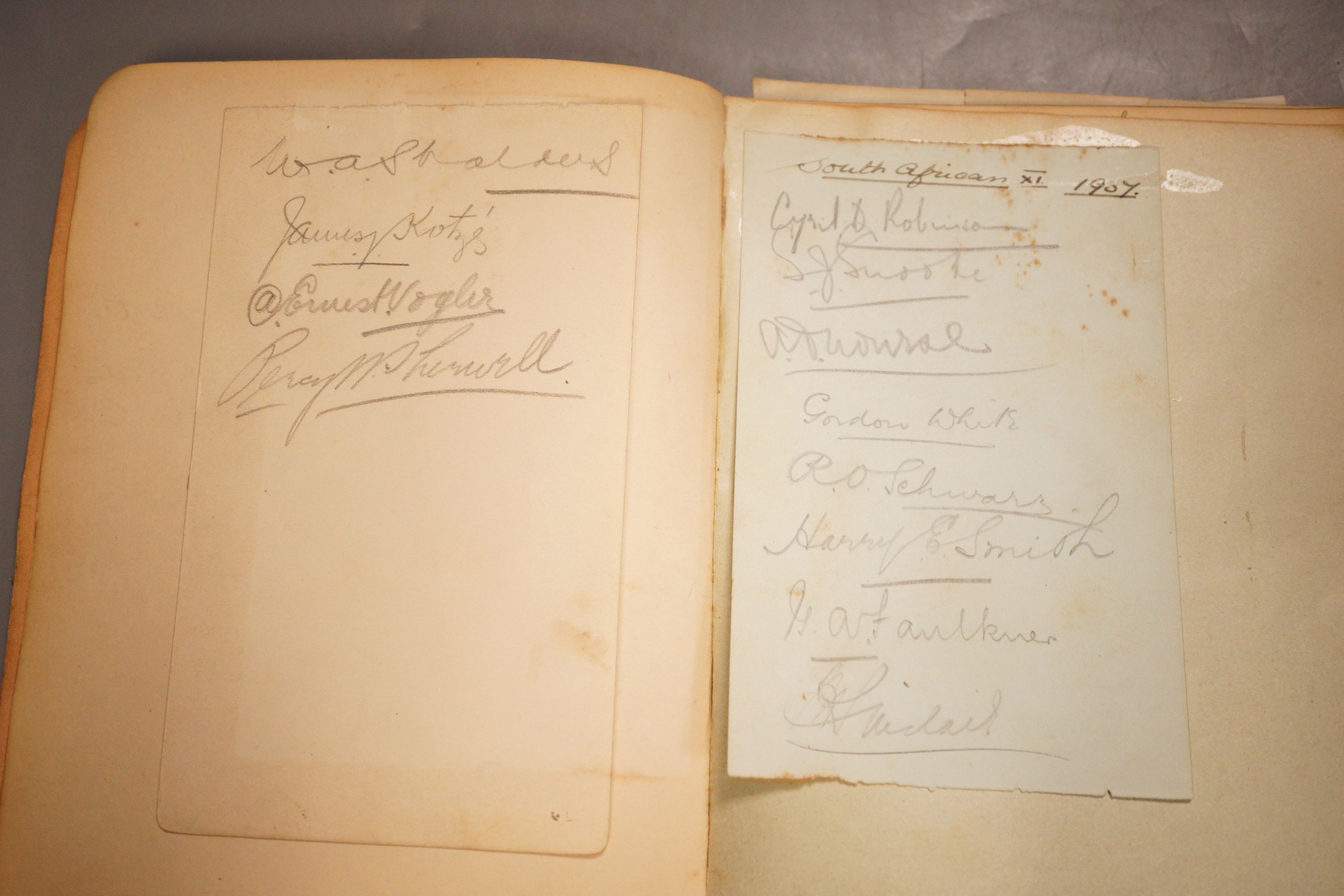 South Africa cricket team signatures from the 1907 England tour in a scrap book album of sketches etc., 20 x 16cm